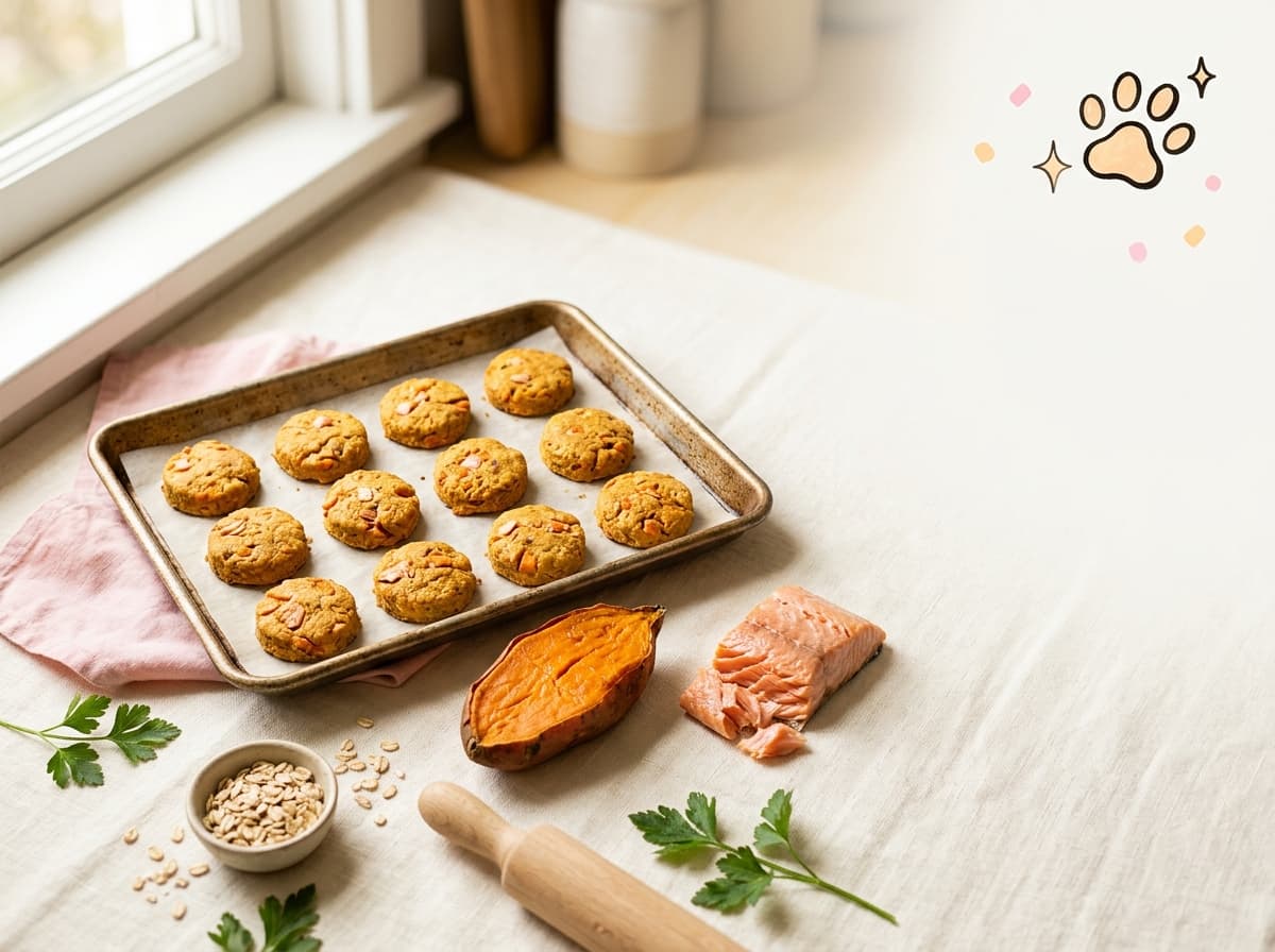 Illustration de couverture — Recette de friandises maison au saumon et patate douce pour chien (sans céréales, au four)