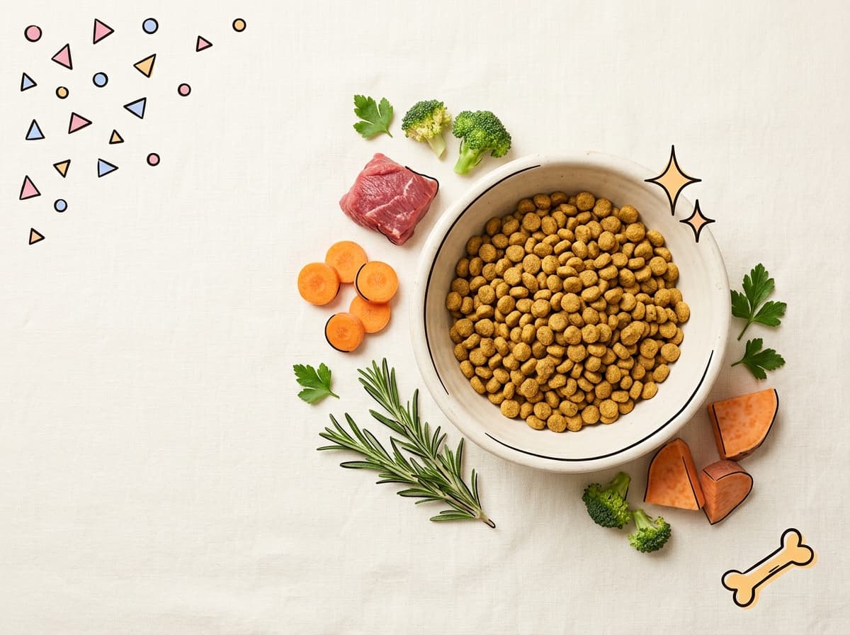 Gamelle de croquettes et ingrédients frais pour illustrer le choix d'une gamelle anti-glouton